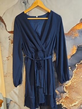 Women’s Navy Wrap Midi Dress with Tie Waist